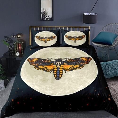 Luxury Bedding Set Gothic Skull Duvet Cover Set Deaths-Head Moth Butterfly 2/3 Piece Bedclothes Moon Stars Double Home Textiles