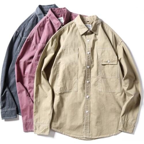 100% Cotton Mens Long Sleeve Shirt High Quality Fashion Big Pocket Loose Casual Solid Color High Street Shirt Brand Clothes