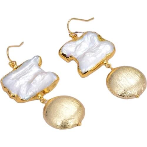 JK Natural Freshwater White Keshi Pearl Gold Color Plated Coin Beads Hook Earrings For Women Ethnic Style