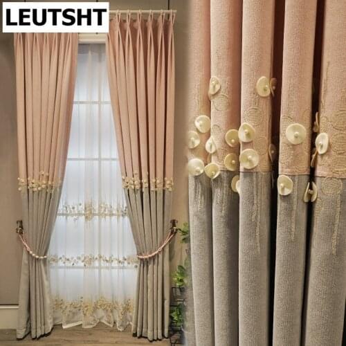 Embroidery Curtain for Living Dining Room Bedroom Pink Grey Splice Curtain Window Treatments Beads Window Drapes Sheer Finished