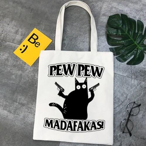 Pew pew Cat Graphic Print Shopping Canvas Tote Bag Harajuku Aesthetic Reusable Shopper Shoulder Bag Handbag Student Book Bags
