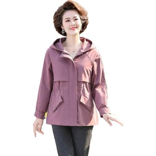 Spring Autumn Windbreaker Female Mid-Length New Middle-Aged Elderly Womens Trench Coat Hooded Casual Outerwear Tops Plus 4XL