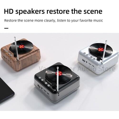 Vintage Mini Bluetooth Speaker Outdoor Gift Portable Wireless Sound Box TF Bass Rotate CD FM Radio Square Retro Vinyl Record