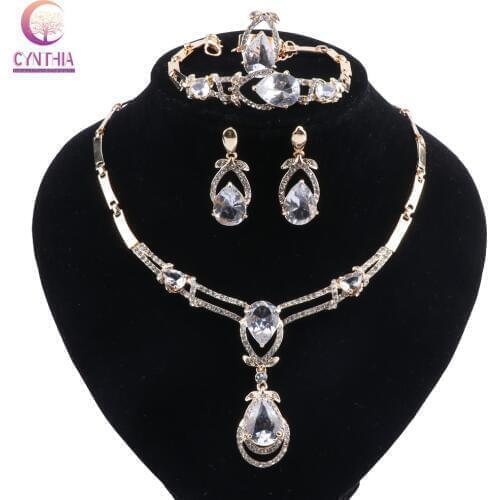 Gold Color Bridal Jewelry White Zircon Jewelry Sets For Women Wedding Earrings Pendant Necklace Earrings Rings Bracelet