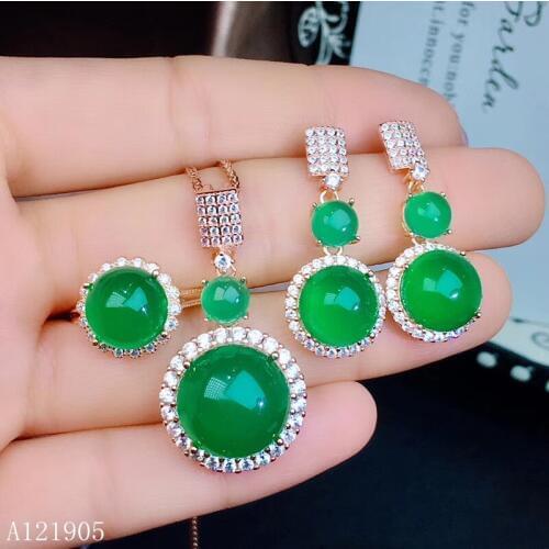KJJEAXCMY boutique jewelry 925 sterling silver inlaid natural green chalcedony jade jewelry female luxury ring pendant earrings