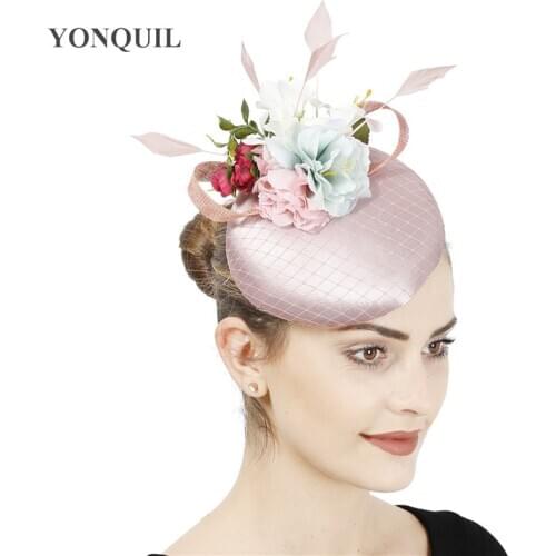 High Quatity Satin Fashion Wedding Flower Fascinator Hat For Elegant Women Bride Show Headpiece Headband Mesh Hair Accessories