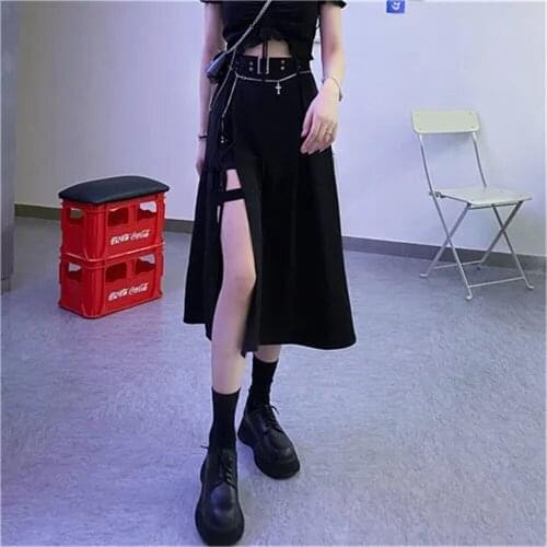 Goth Dark Lace Up Mall Gothic Pencil Black Midi Skirts Harajuku Punk Women High Waist Sexy Long Skirt Emo Alternative Clothing
