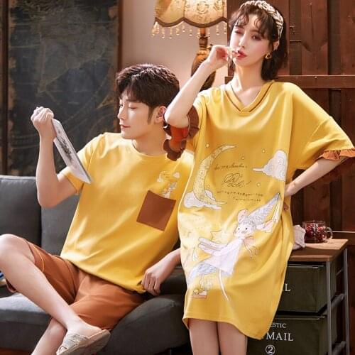 For Women and Men Summer Cotton Couple Pajamas Set Leisure Round Neck Sleepwear Cartoon Femmel Short Sleeve Sleepdress Plus Size
