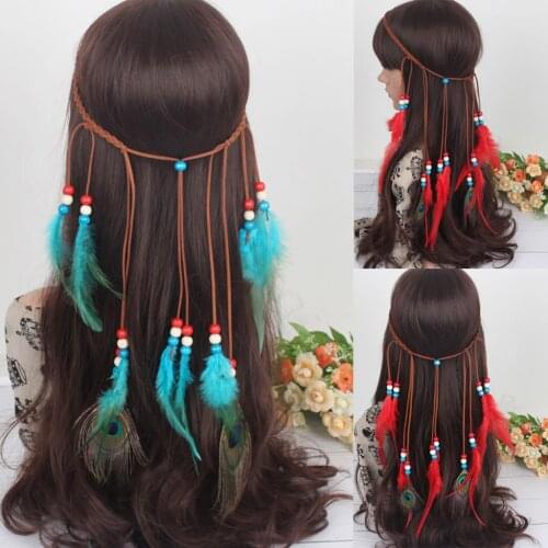 Women vintage Indian Headband Headdress For Girl Adjustable Bohemian Head Rope Bandage Peacock Feather Hair Hoop Band Headwear