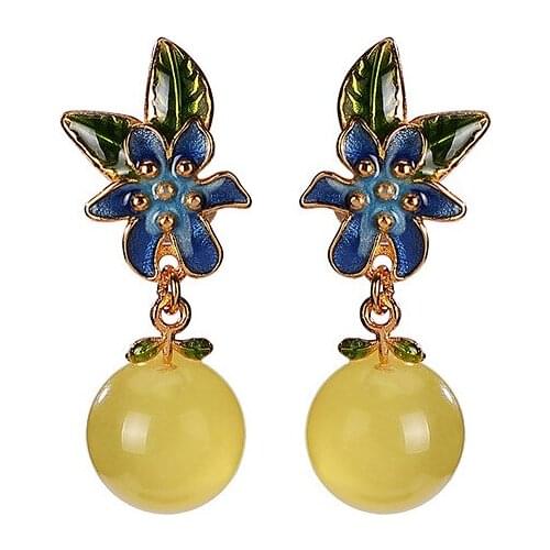 925 sterling silver gold plated cloisonne natural amber beeswax stud earrings retro personality round beads Joker women earrings