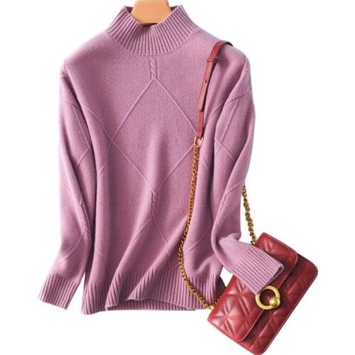 2020 new style 100% wool ladies half high neck pullover sweater long sleeve pure color all-match casual cashmere base sweater