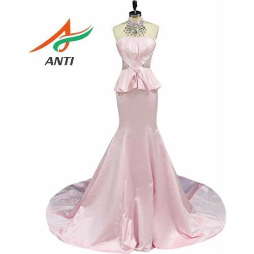 ANTI Fashion Ruffles Prom Dresses Long 2019 Pink Chapel Train Beaded Crystals Vestidos De Festa Formature Mermaid Party Gowns