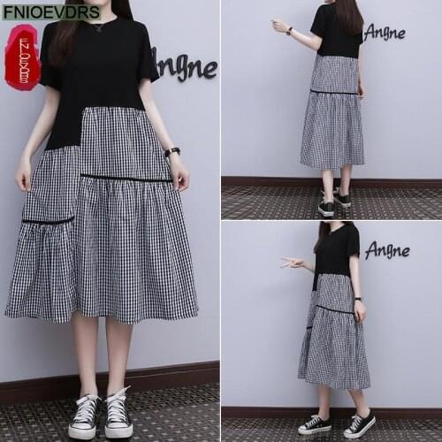2021 Summer Women Patchwork Stripe Faux Two Piece Casual Loose Lazy Woman Plus Size Plaid Dress