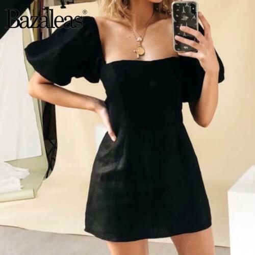 Bazaleas Retro Short Puff sleeve women dress Vintage Square Collar mini dresses Sexy Slim vestido Casual Drop ship