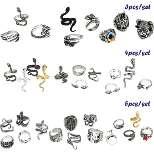 3/4/5Pcs Retro Snake Rings Set for Men Hip Hop Open Adjustable Punk Finger Cross Evil Eye Ring Male Jewelry Gothic Gift