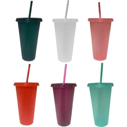 700ml/473ml Cold Cup With Lid Coffee Cup Reusable Straw Cup Plastic Tumbler Flash powder Shiny Finish Plastic Cup Mugs Wholesale