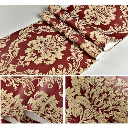 American Rustic Flower Floral Wallpaper Non-woven 3D Embossed Damask Wallpaper Rural Retro Living Room Contact Paper Red Beige