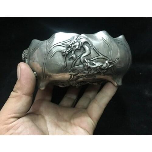 Antique QingDynasty Handmade silver Embossed dragon pen wash ashtray,Hand-carved crafts,best collection& adornment