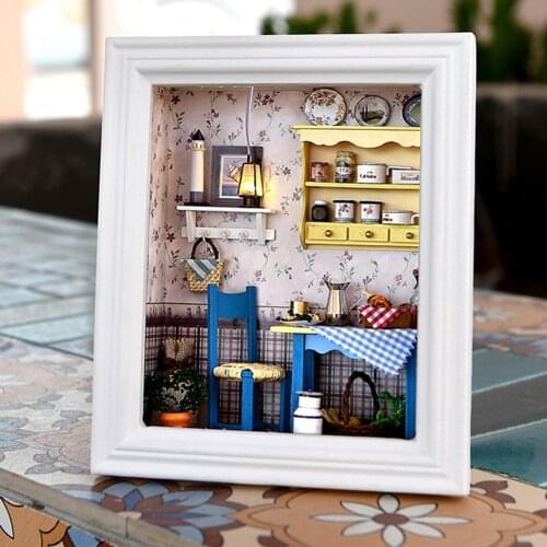 DIY Leisurely Lunch Wooden Doll Houses Miniature Furniture Kit with Photo Frame Assembled Model Handmade BuildingDollhouse Toys