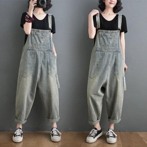 Denim Bib Women 2021 Slim Korean Pants Literary Jeans Loose Wide-leg Nine-point Overalls Jumpsuit Trousers Streetwear