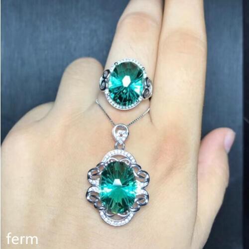 KJJEAXCMY boutique jewels 925 sterling silver with natural green crystal pendant ring 2 sets new lotus leaf olive lucky set