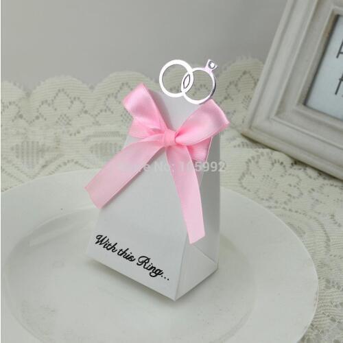 Ring candy box 100PCs Triangular Pyramid With Ring Wedding Party Gift package Blue/ White with ribbon