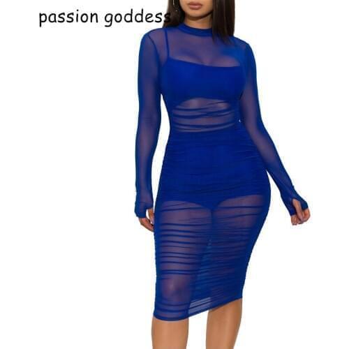 Three Pieces Tank Top+Shorts+Sexy Mesh See Through Perspective Dress Summer Women Runched Sheath Mini Night Club Party Dresses