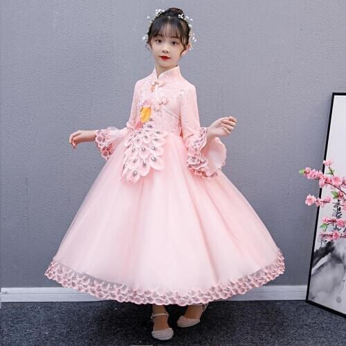Girl Embroidery Cheongsam Girl Dress Flower Girl Dress For Wedding Girls Chinese Hanfu Princess Long Tutu Dress New Year Dress