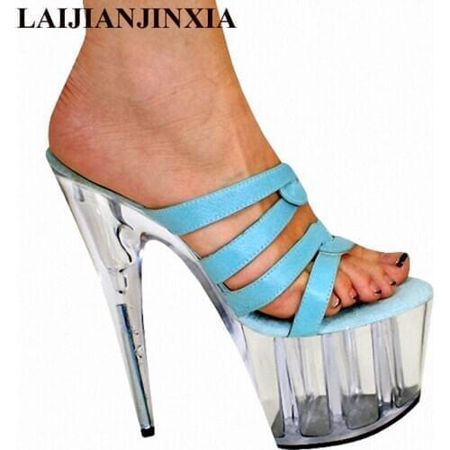LAIJIANJINXIA Full Transparent Crystal Formal Dress Sexy Shoes 20cm Ultra High Heel Shoes Fashion 8 Inch High-Heeled Slippers