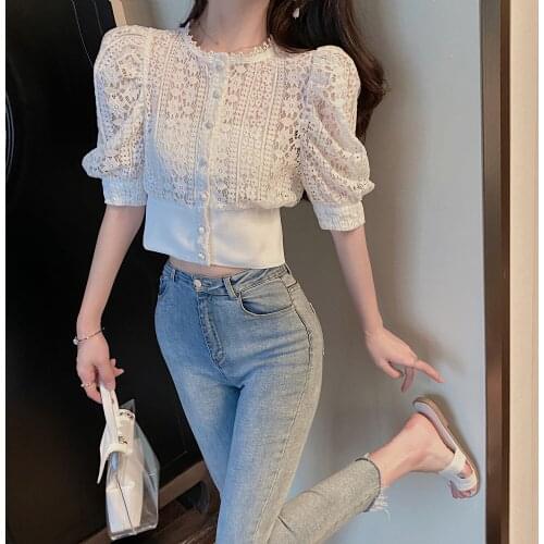 Sexy White Lace Blouses Hongkong Style Hollow Out Shirts 2021 Summer Puff Short Sleeve Stand Collar Single Breasted Tops Korean