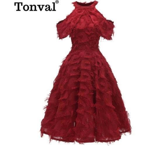 Tonval Elegant Halter Cold Shoulder Fringe Fit and Flare Party Dress Night Out Autumn Women Evening Midi Luxury Dresses
