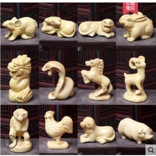 Yellow poplar wood zodiac carving handicraft hand piece rat ox tiger rabbit dragon snake horse sheep monkey rooster dog pig aus