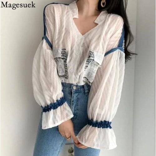 Korean Flare Long Sleeve Spring Blouse Women Elegant Loose Plaid Tassel Shirts V Neck Pocket Stitching Sweet Top Femme New 15761