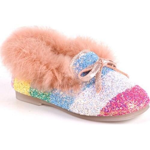 Girls Velvet Loafers Hot Sell New 2020 Winter Warm Kids Fur Glitter Shoes Rainbow Color Children Flats 2#15/10D50