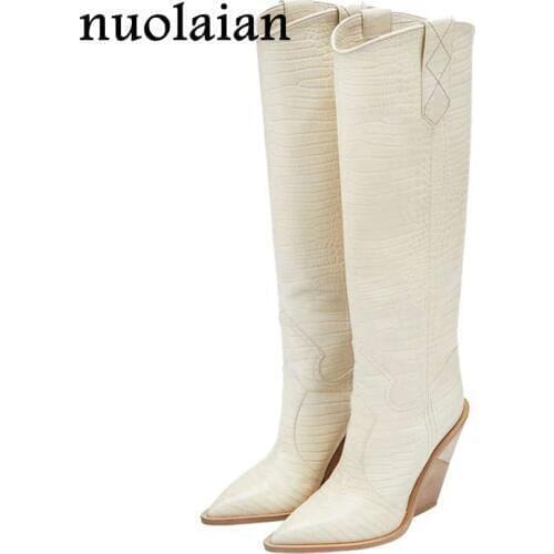 9.5CM Heels Womens Knee-High Boots Leather Winter Shoes Woman Fur Snow Boots Lady Wedges Boot Womens Thigh High Boots Chaussure