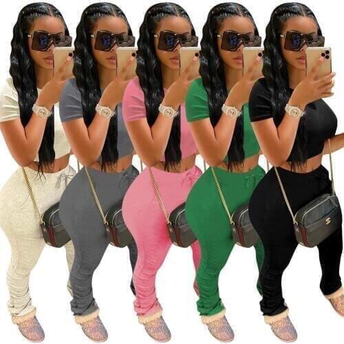 Women Sportwear Two Piece Set Casual Solid Short Sleeve Crop Tops T-Shirt +Biker Pants Set Suit Outfit Tracksuit Female Joggers