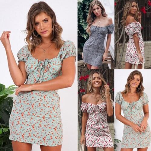 Women Sexy Off Shoulder Wrap Boho Floral Mini Print Short Sleeve Ladies Holiday Beach Dress