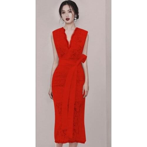 2020 Summer Mesh Patchwork Lace Dress Women V-neck Work Casual Party Slim Sexy sleeveless Long Dresses Vintage Vestidos