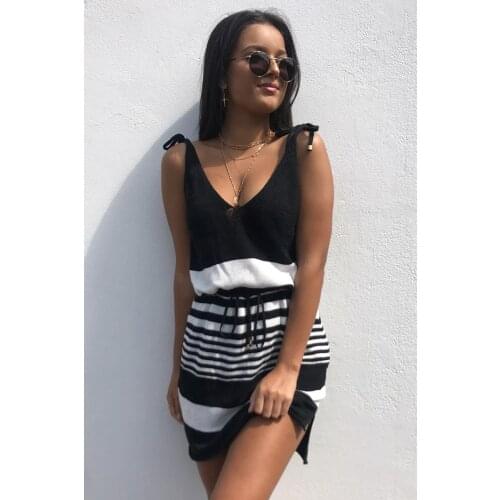 Women Adjustable Spaghetti Strap V-Neck Dress Casual Style Loose Knitwear With Belt Striped Print Slip Dress Khaki Black S-2XL