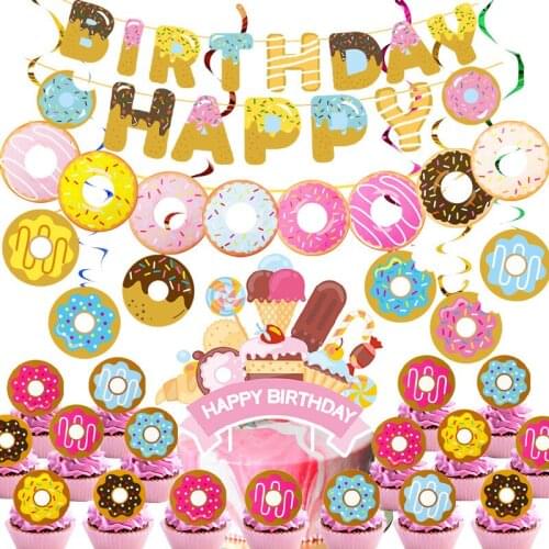 1set Donuts Party Banners Disposable Tableware Cake Inserts Spiral Ornament Kids Birthday Party Baby Shower Decorations Supplies