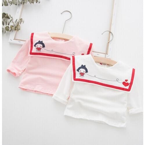 2019 Autumn New Baby Girl Cartoon Long Sleeve T Shirt Fashion Embroidered Sailor Collar Tee Shirts Student Costume Top Tees 2-7Y