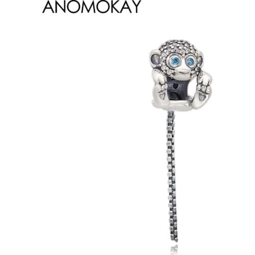 Anomokay Classic Silver Color Long Tail Monkey Pendant Bead for Bracelet & Bangle Blue Crystal Cute Animal Charm Pendant