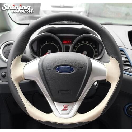 BANNIS Black Beige Leather Car Steering Wheel Cover for Ford Fiesta 2008-2013 Ecosport 2013-2016