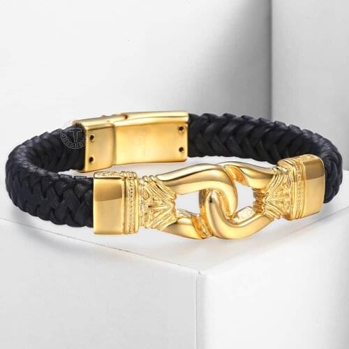Genuine Leather Bracelet 12mm wide Knot Charm Mens Chain Wristband Braided Gold Tone 316L Stainless Steel Black 23cm DHB254