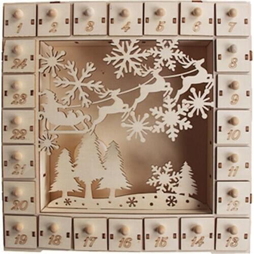 Christmas Tree Wooden Advent Calendar Countdown Decoration 24 Drawers with LED Light Ornament