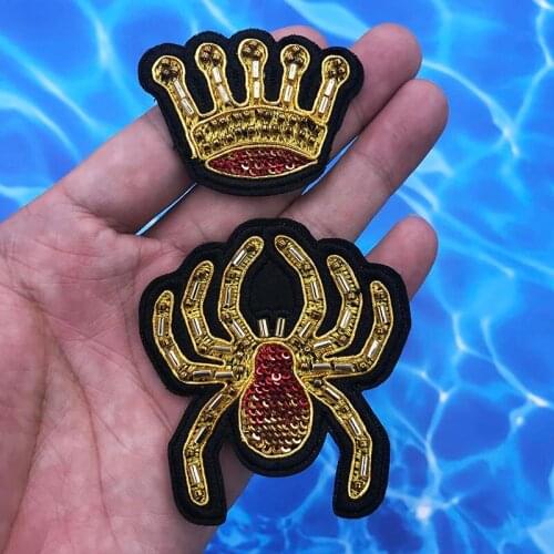 1 Set Perfect Golden Beaded Crown Spider Embroidery Handmade Sequin Patches for Clothing DIY Sew on Patch