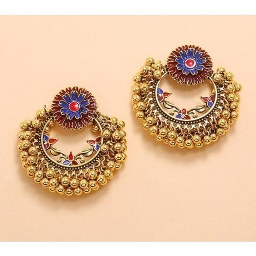 New Ins Antique Gold Handmade Beads Enamel Blue Flower Indian Jhumki Jhumka Nepal Earrings Bohemia Party Jewelry