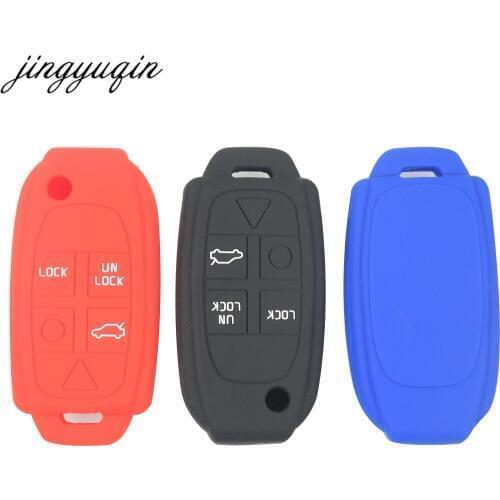 Jingyuqin Silicone Rubber Car Key Case for Volvo S80 S60 V70 XC70 XC90 D05 Folding Flip Remote 5 Button Key Cover