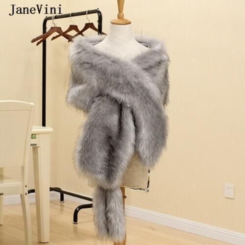 JaneVini 2020 Elegant Gray Bridal Shawls and Wraps Faux Fur Shrug Winter Warm Cape Bolero Ladies Wedding Party Cloak Capa Novia