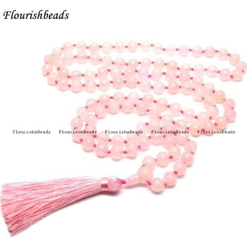 Natural 8mm Rose Quartz 108 Stone Round Beads Tassel Pendant Kontted Mala Prayer Necklace